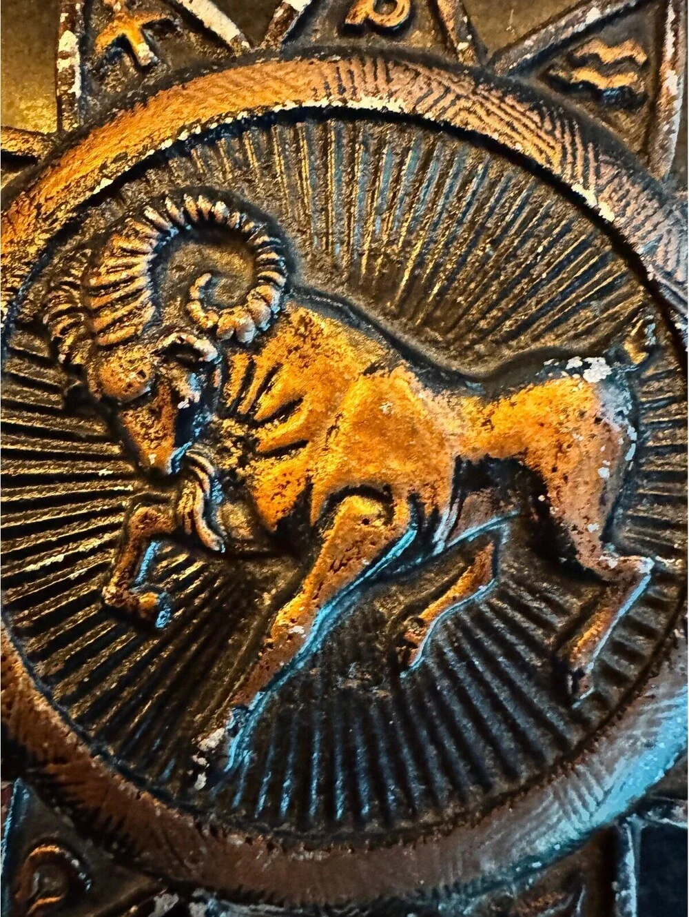 Vintage 1969 E. MESA Cast Aluminum Zodiac Sunburst Wall Plaque - ARIES Ram
